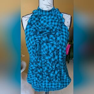 NWT Xhilaration Teal & Black Checkered Ruffle Blouse Size Large
